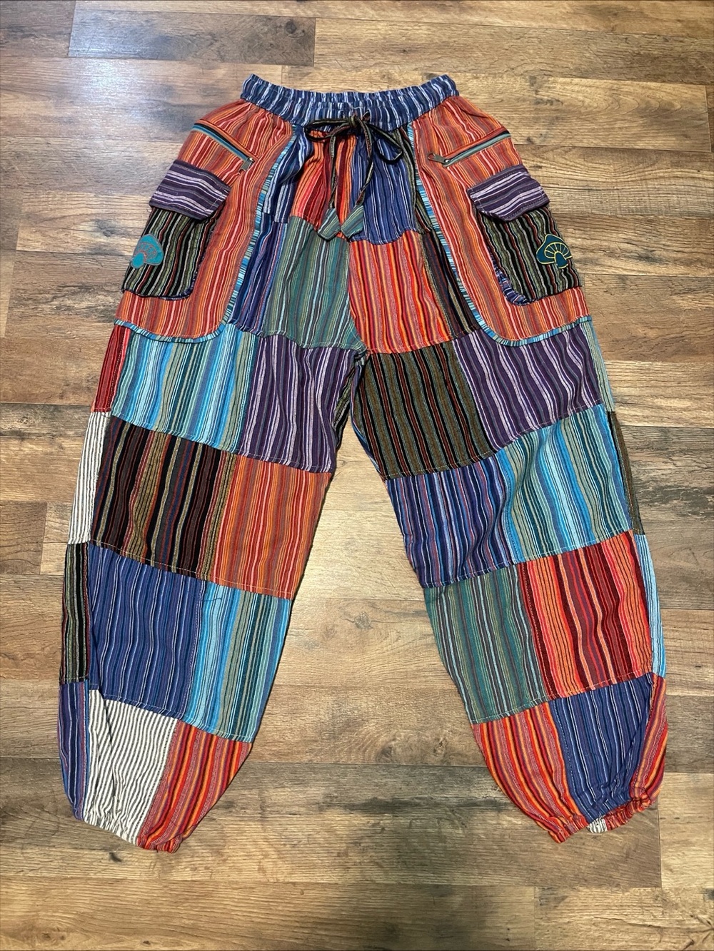 Handmade Boho Striped Patchwork Mushroom Cargo Harem Pants